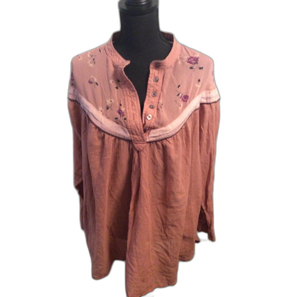 Free People Oversized Top Hearts Floral Large L Pink Romantic Girly